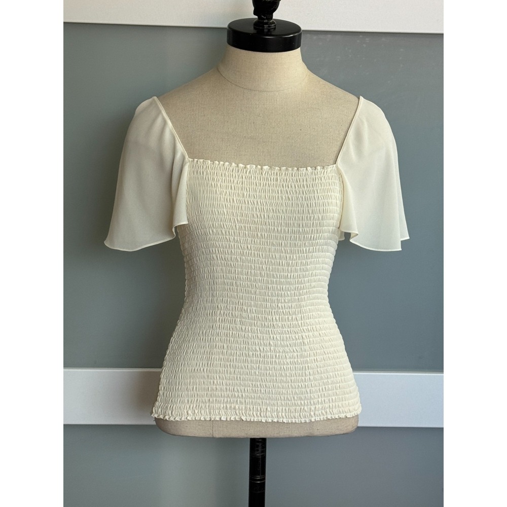 Theory Smocked Flutter Sleeve Top Ivory Silk Blend Petite XS Squre Neck Chiffon